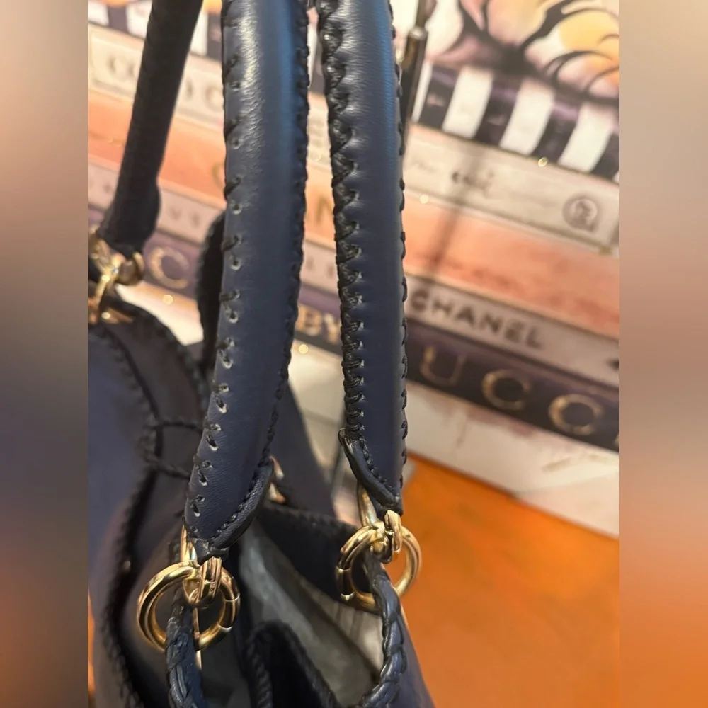Salvatore Ferragamo Navy Gancini Braided Tote Bag VGUC - Picture 4 of 16